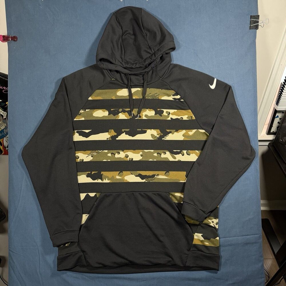 Nike Men Hoodie XL Green Camo Striped Dri Fit Pullover Swoosh Logo Drawstring